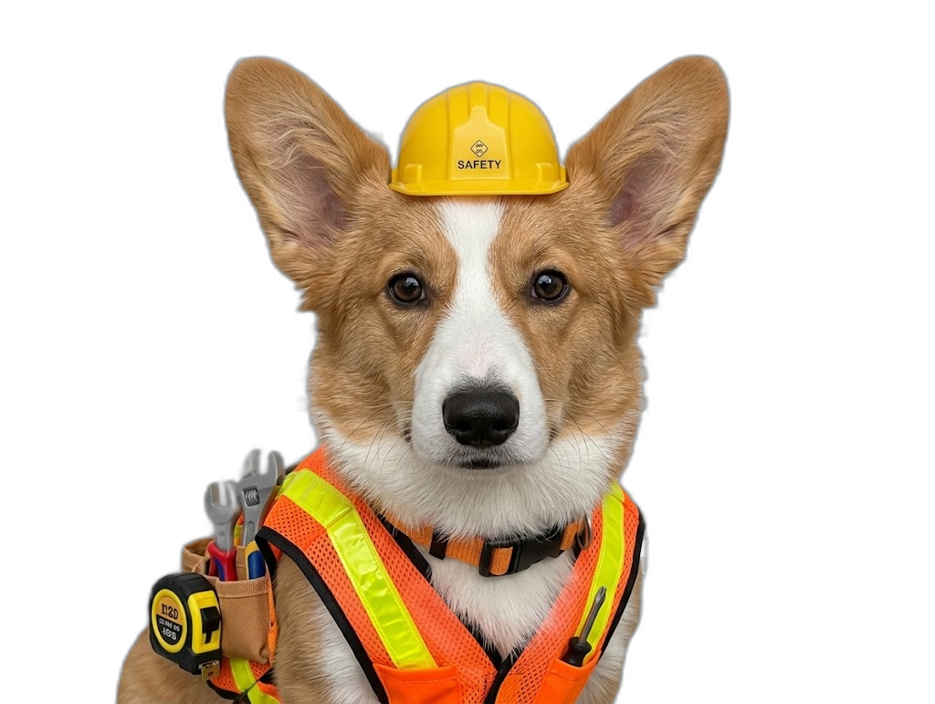 Corgi construction worker mascot hard at work building the new site